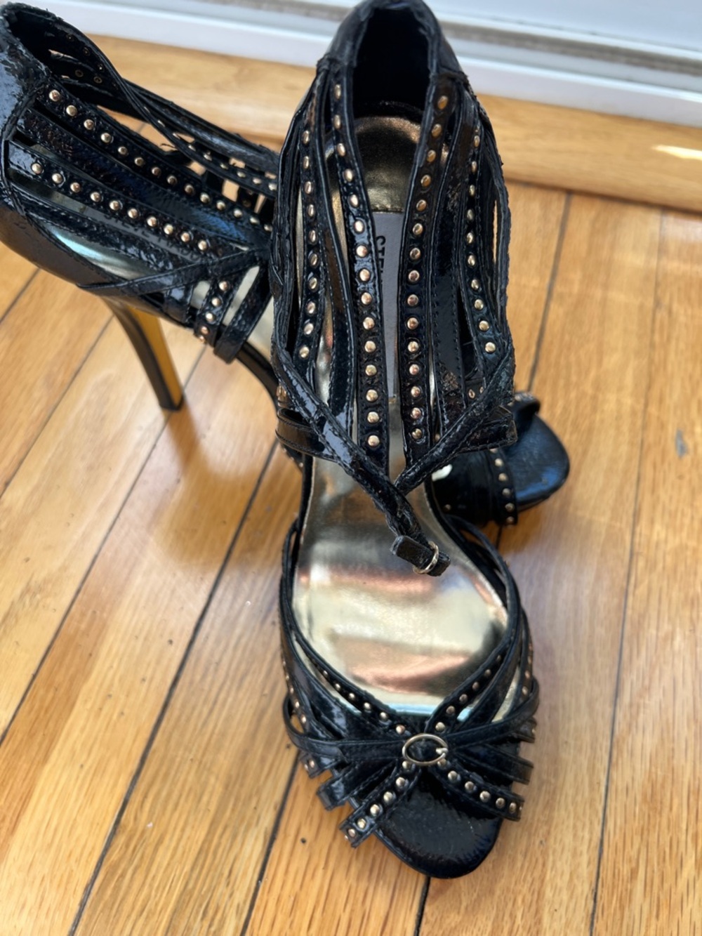 Steve Madden Black Patent Studded Strappy Stiletto Heels - Picture 3 of 4